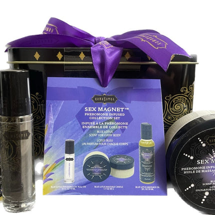 Sex Magnet Pheromone BLUE LOTUS Gift Set Includes   Roll On Fragrance, Massage Oil,  Massage Candle