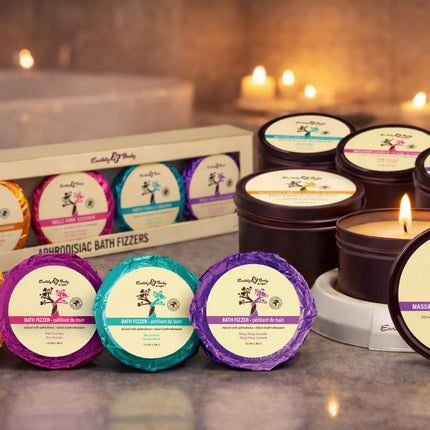 Earthly Body at Night Aphrodisiac PrePack Bath Fizzers and Candles 16pcs plus tester and candle warmer